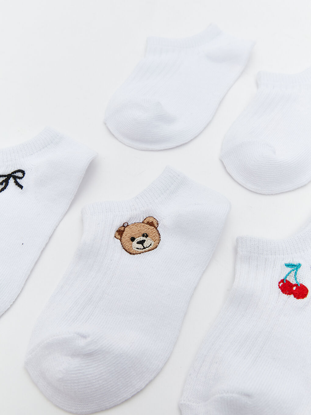 Ekru Nakışlı Kız Çocuk Patik Çorap 5'li-1