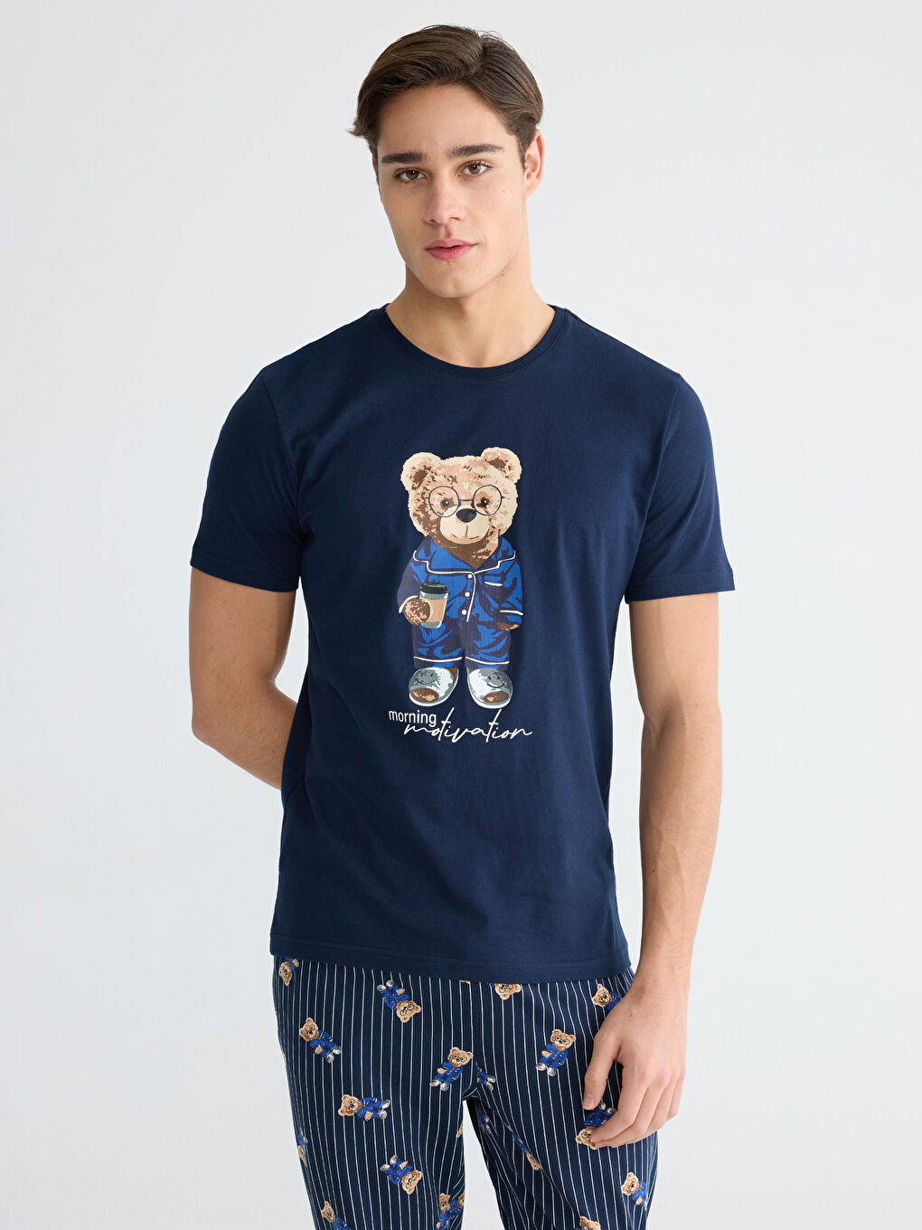 Lacivert Standart Kalıp Ayı Teddy Baskılı Erkek Pijama Takımı-1