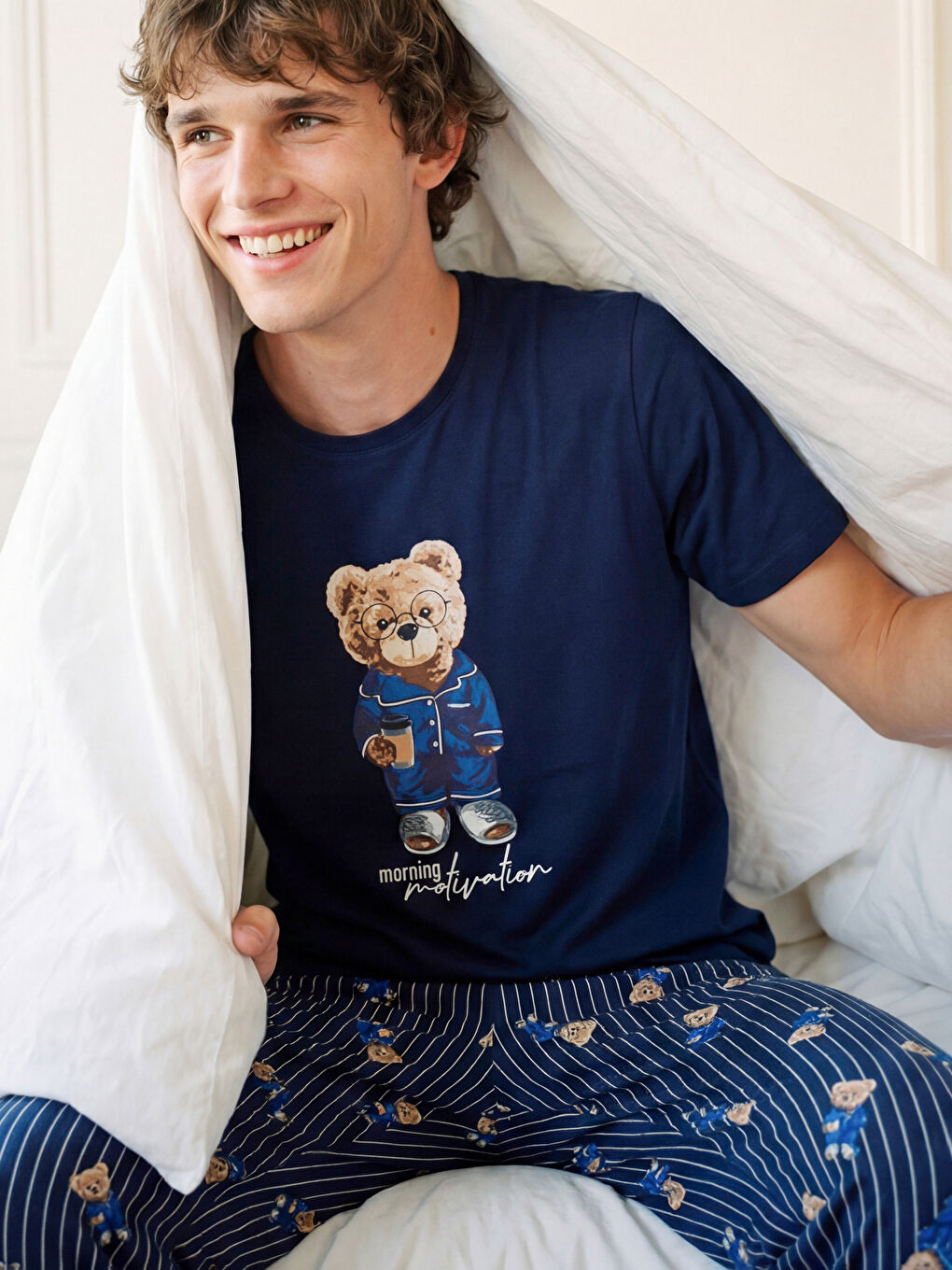 Lacivert Standart Kalıp Ayı Teddy Baskılı Erkek Pijama Takımı