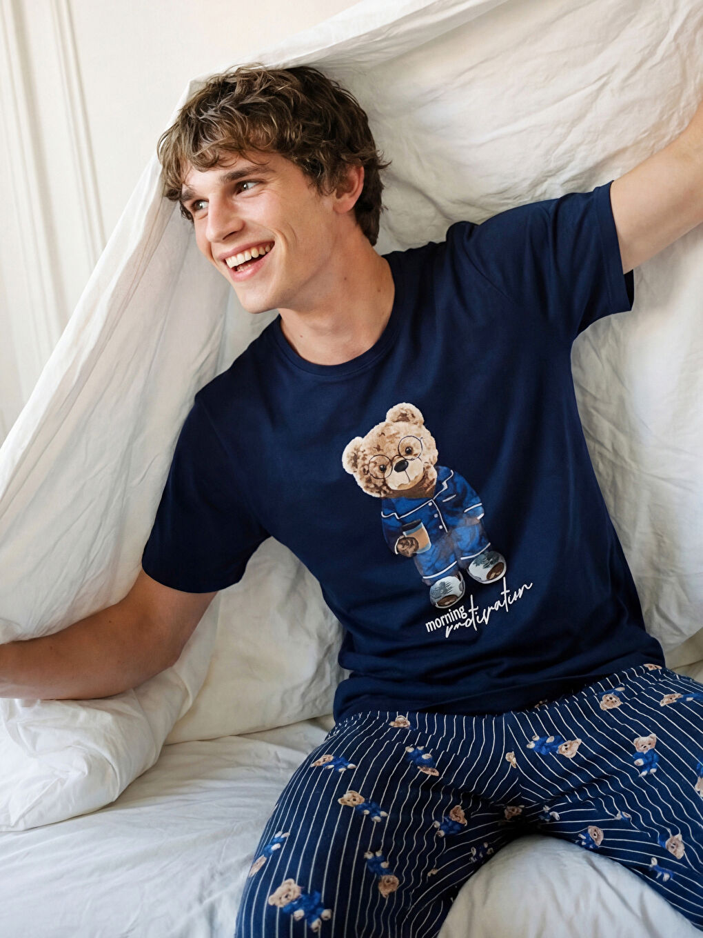 Lacivert Standart Kalıp Ayı Teddy Baskılı Erkek Pijama Takımı-1