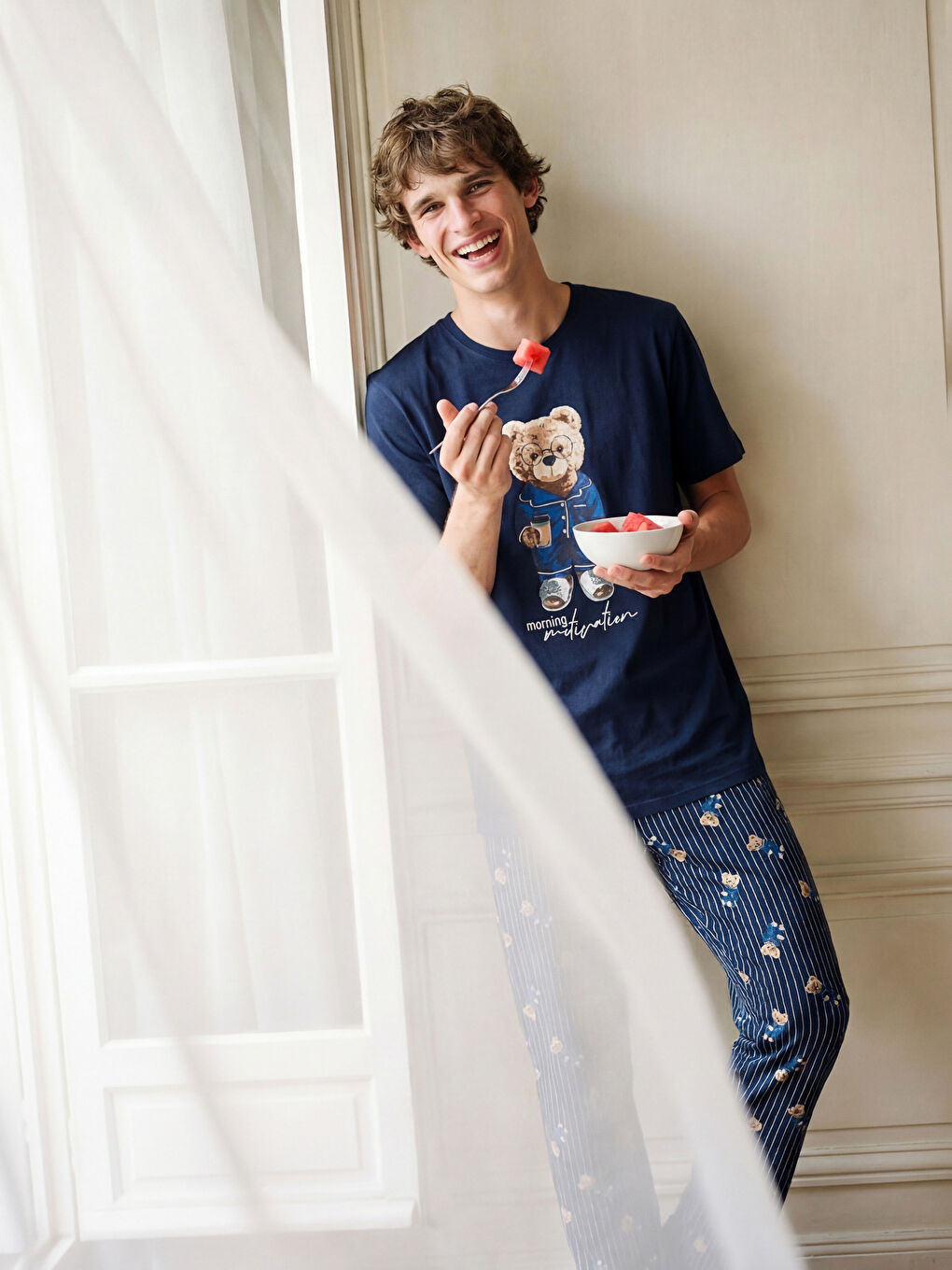 Lacivert Standart Kalıp Ayı Teddy Baskılı Erkek Pijama Takımı-2