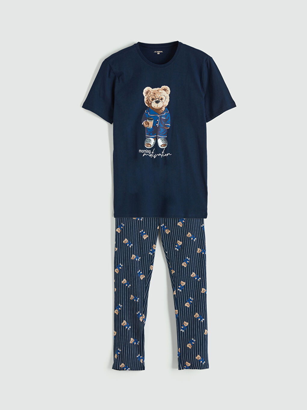 Lacivert Standart Kalıp Ayı Teddy Baskılı Erkek Pijama Takımı-4