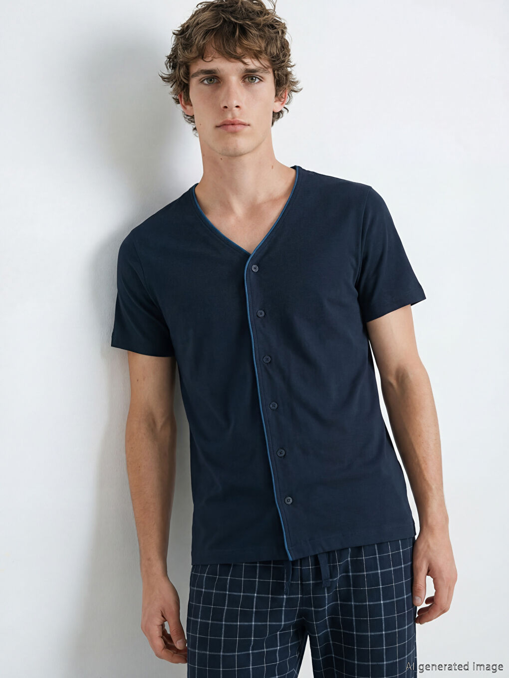 Lacivert Standart Kalıp Ekose Erkek Pijama Takımı