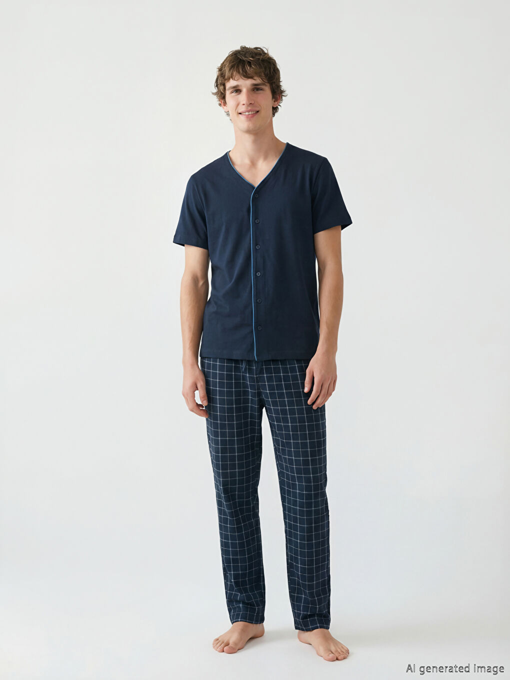 Lacivert Standart Kalıp Ekose Erkek Pijama Takımı-1