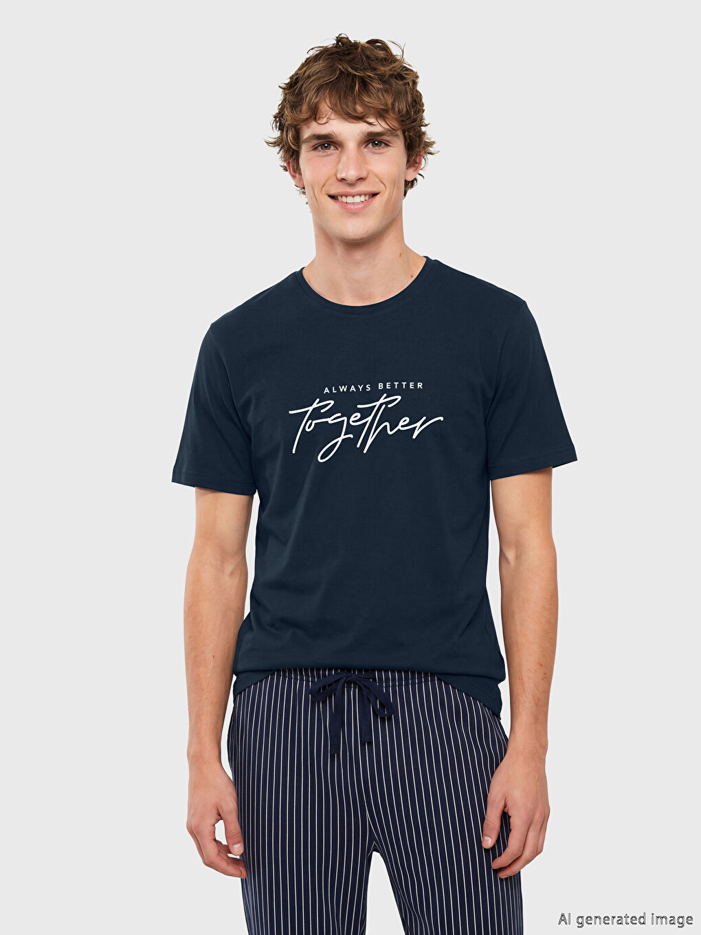 Lacivert Standart Kalıp Baskılı Erkek Pijama Takım-1