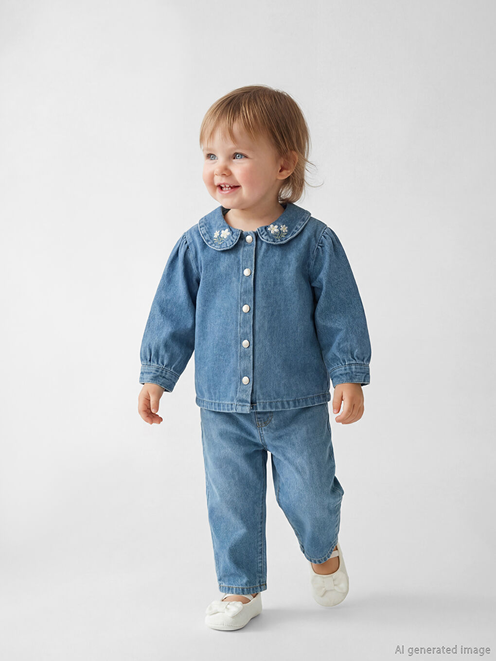 Mavi Nakışlı Kız Bebek Jean Gömlek ve Jean Pantolon