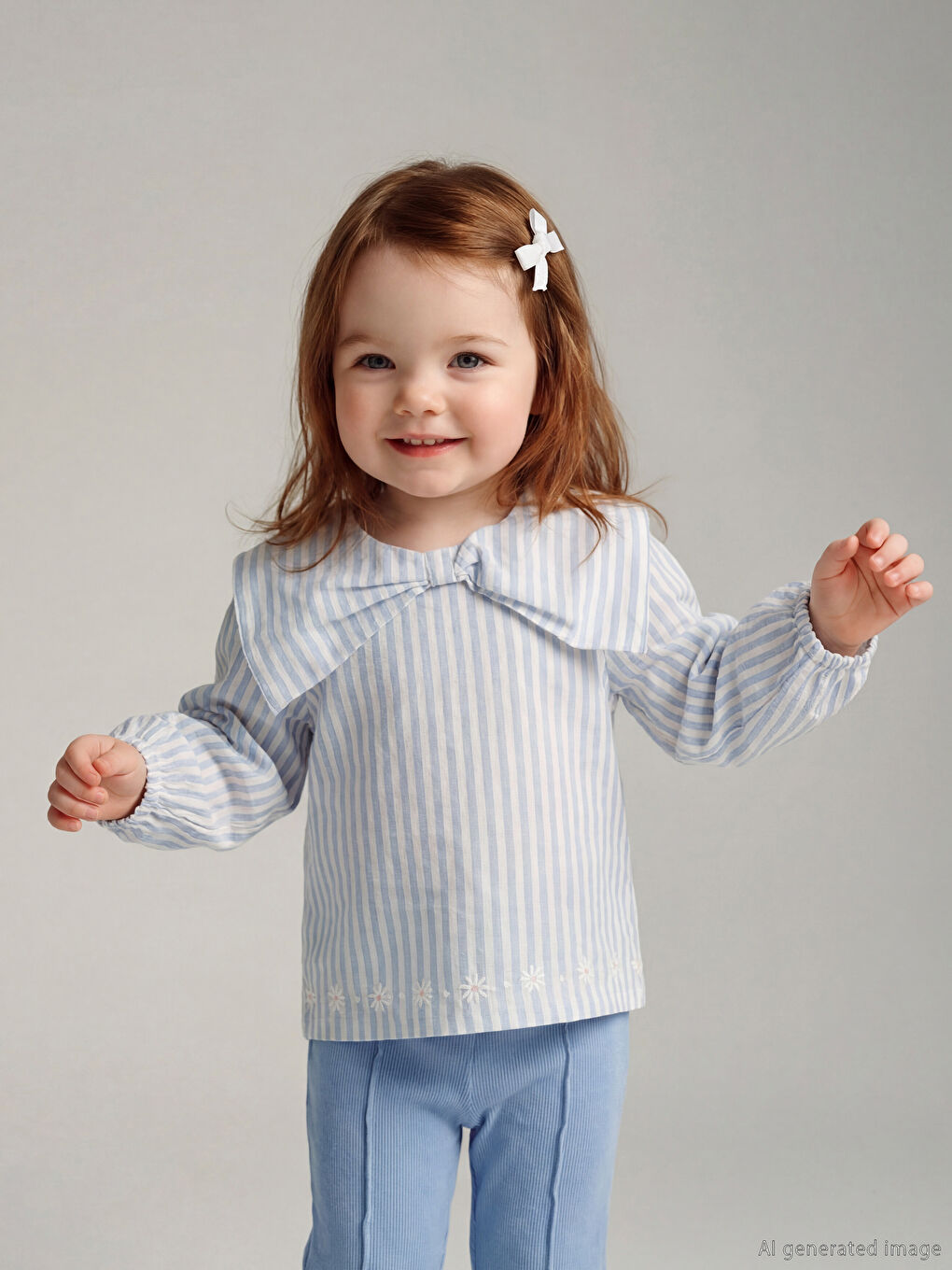 Ekru Fiyonk Yaka Detaylı Çizgili Kız Bebek Bluz ve Tayt-1