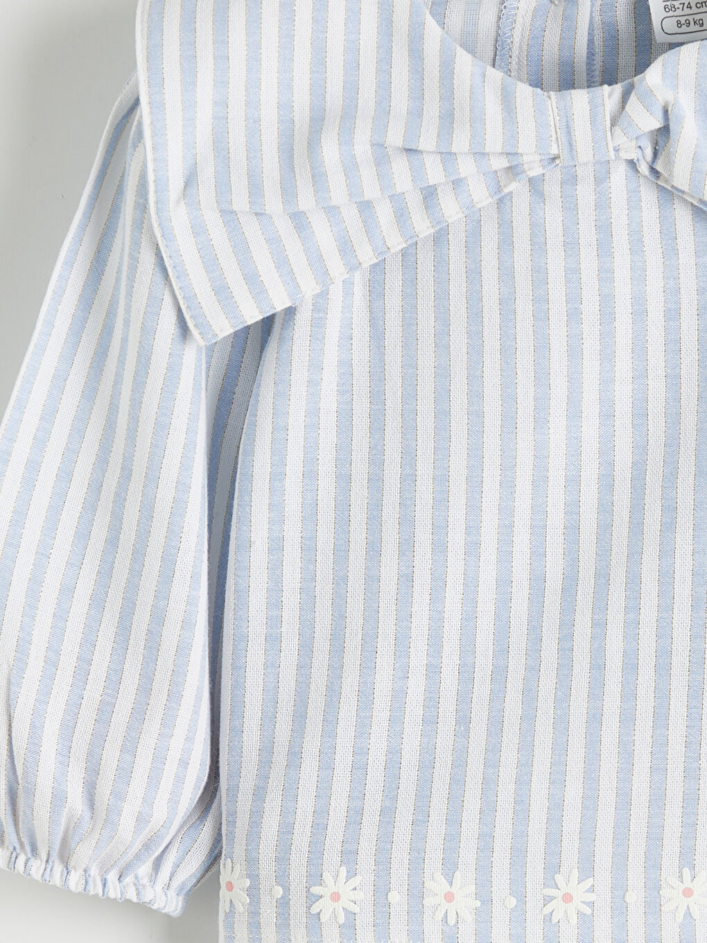 Ekru Fiyonk Yaka Detaylı Çizgili Kız Bebek Bluz ve Tayt-5