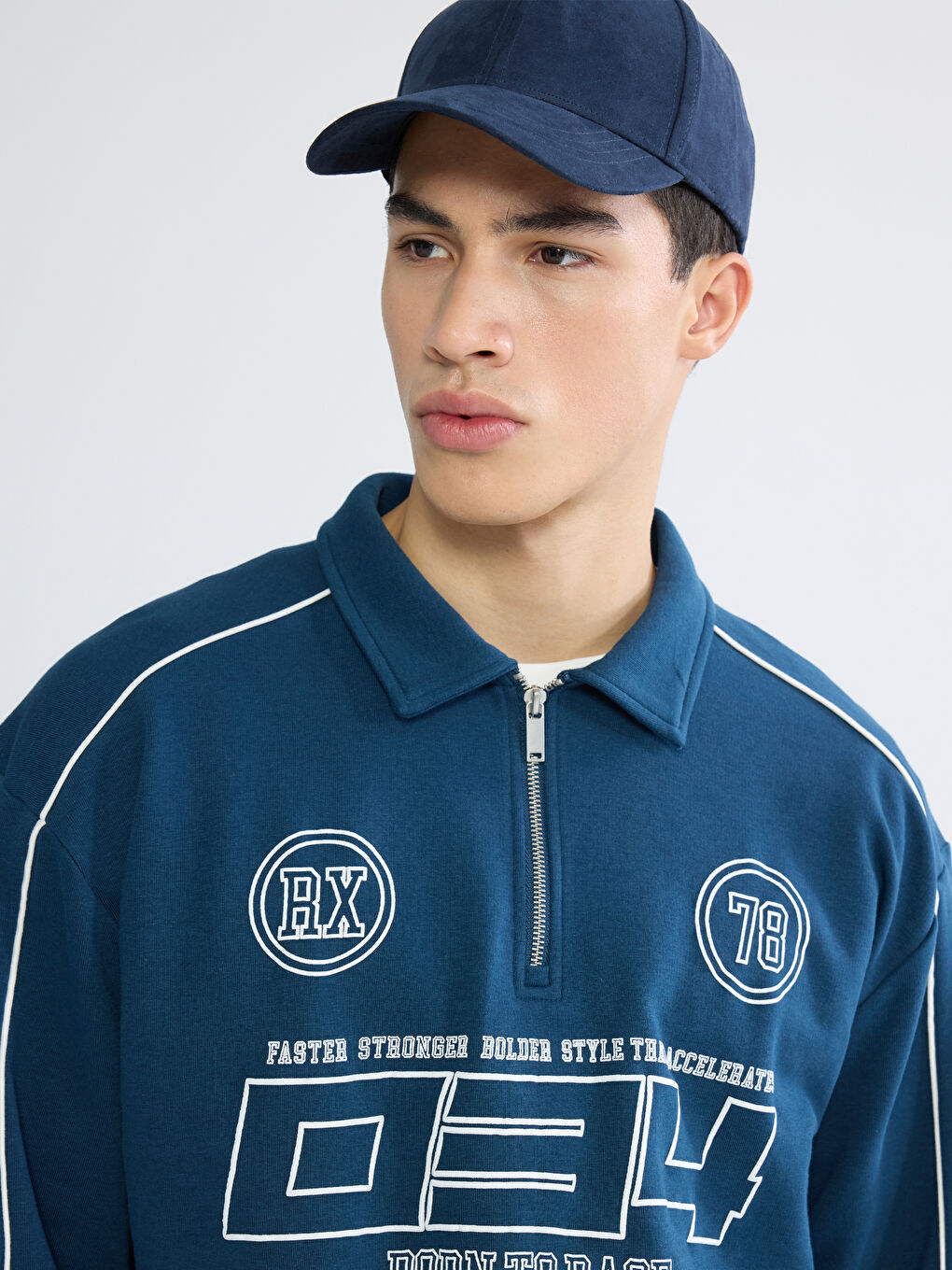 Petrol Fermuarlı Polo Yaka Baskılı Erkek Sweatshirt-3