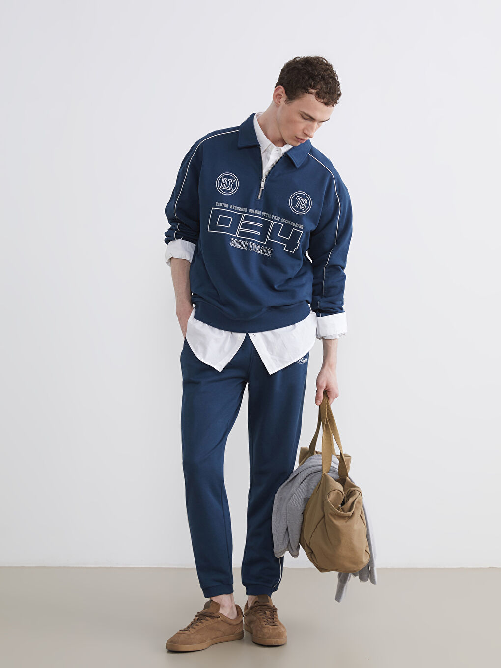 Petrol Fermuarlı Polo Yaka Baskılı Erkek Sweatshirt-1