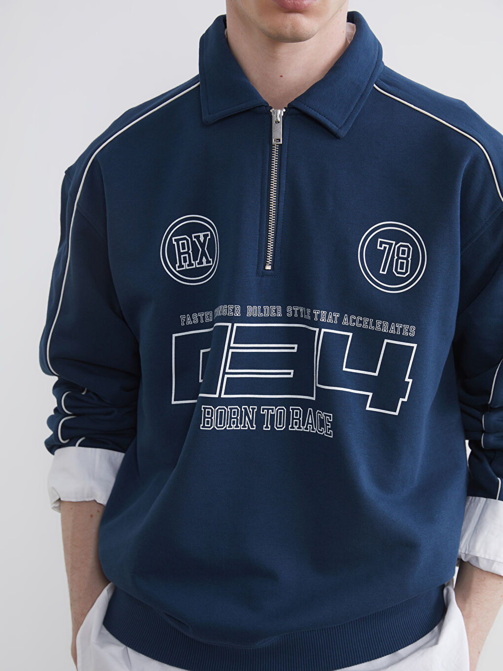 Petrol Fermuarlı Polo Yaka Baskılı Erkek Sweatshirt-4