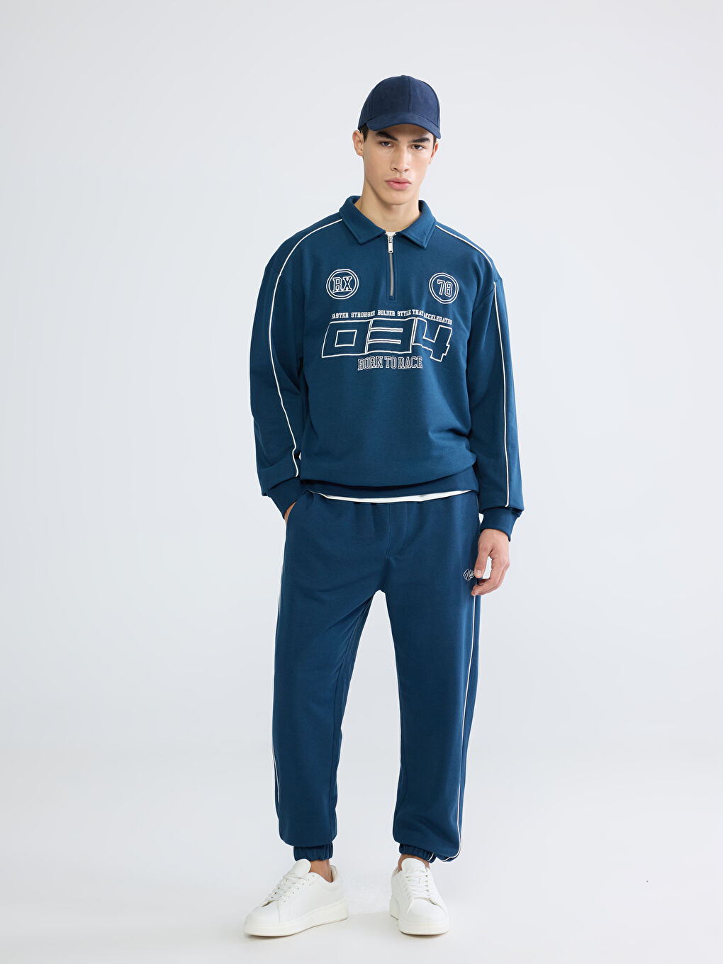 Petrol Fermuarlı Polo Yaka Baskılı Erkek Sweatshirt