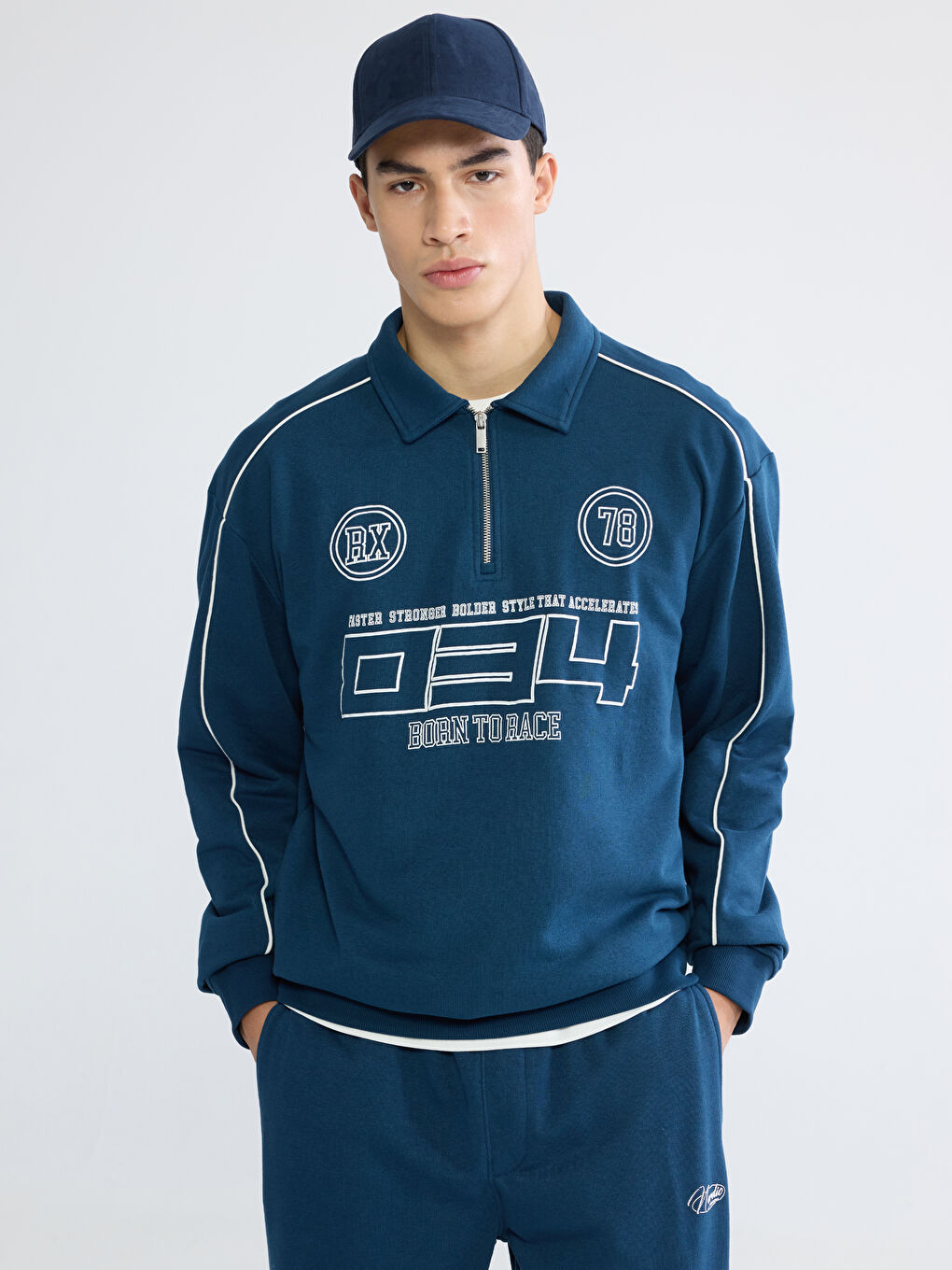 Petrol Fermuarlı Polo Yaka Baskılı Erkek Sweatshirt-5