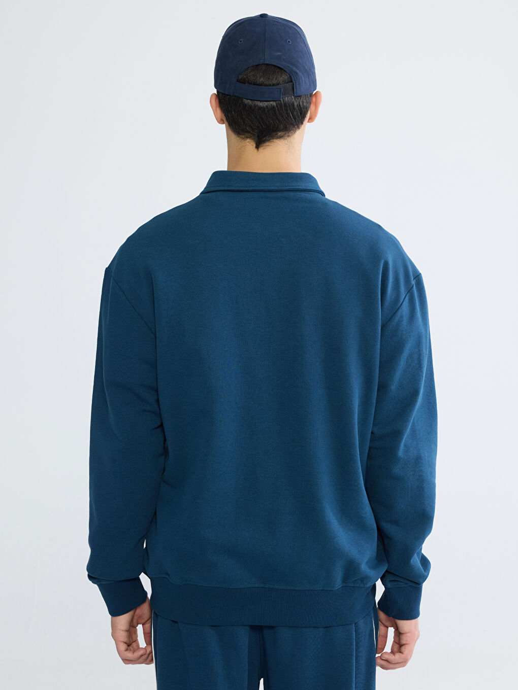 Petrol Fermuarlı Polo Yaka Baskılı Erkek Sweatshirt-7