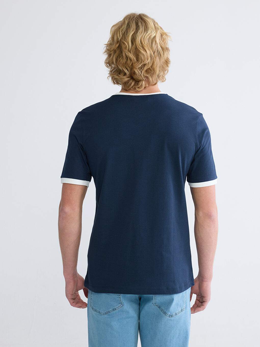 Lacivert Bisiklet Yaka Çizgili Erkek Tişört-3