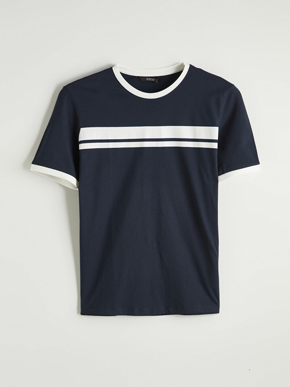 Lacivert Bisiklet Yaka Çizgili Erkek Tişört-4
