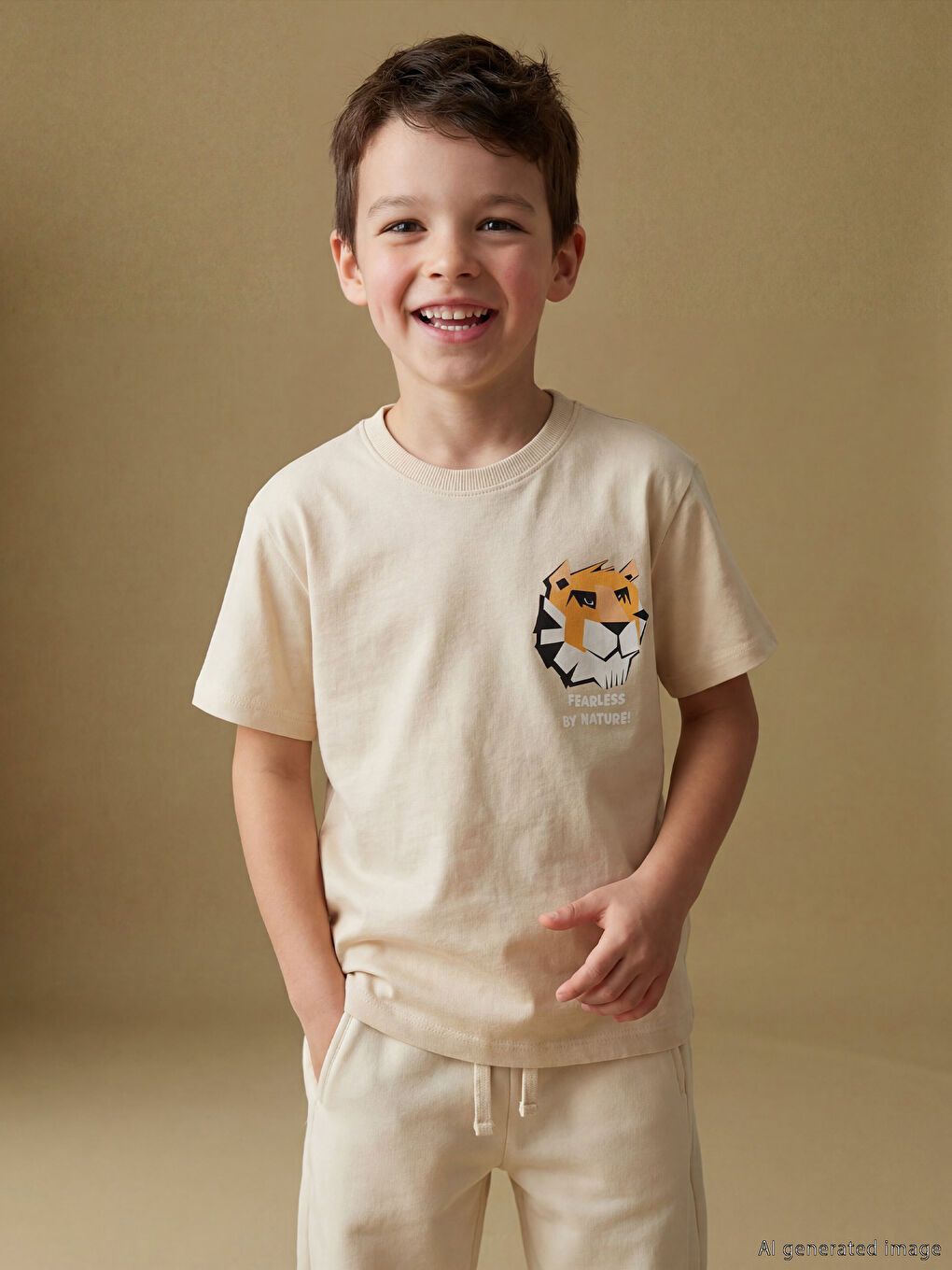 Bej Bisiklet Yaka Baskılı Erkek Çocuk Tişört