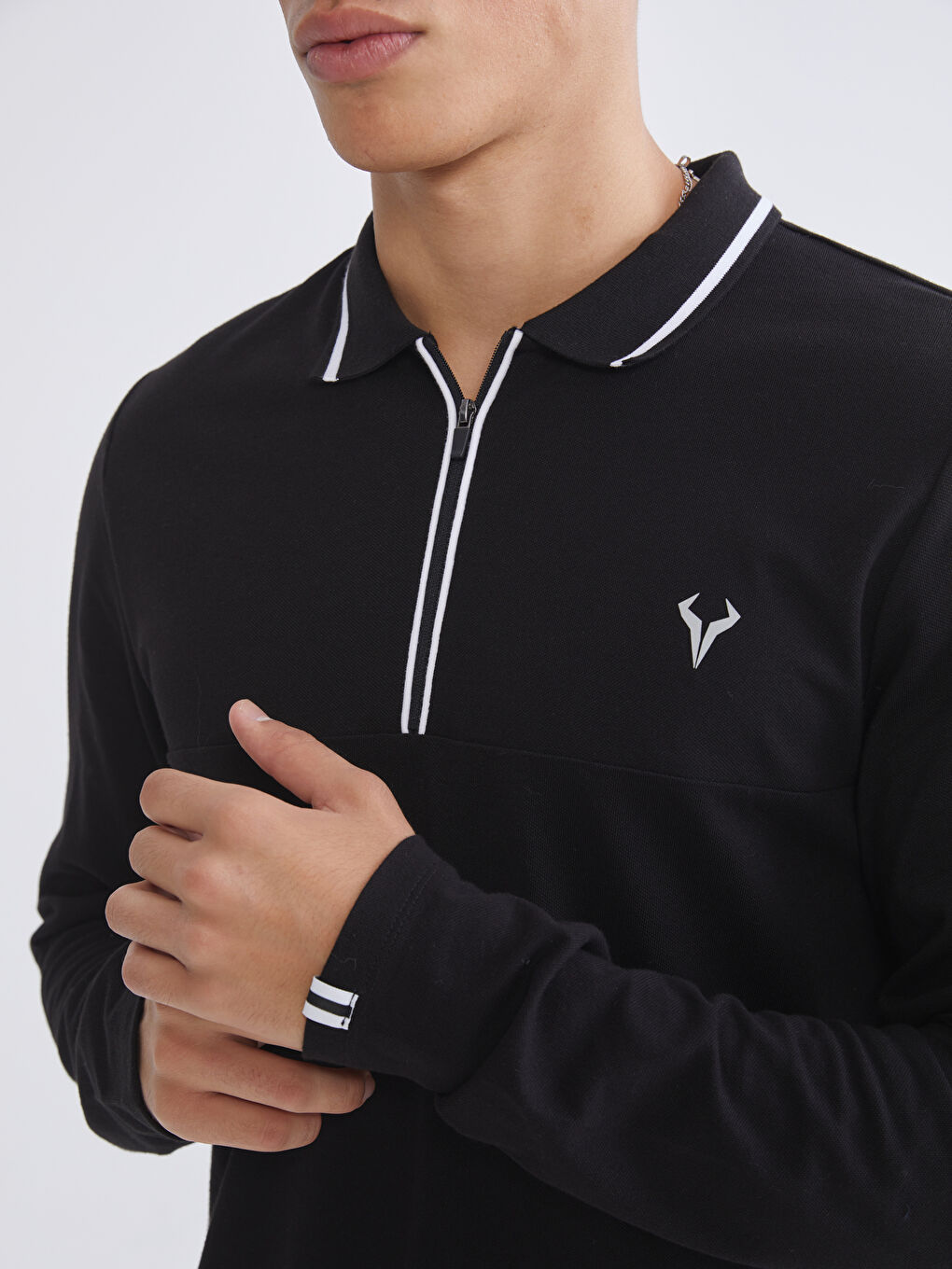 Siyah Polo Yaka Erkek Sweatshirt-2