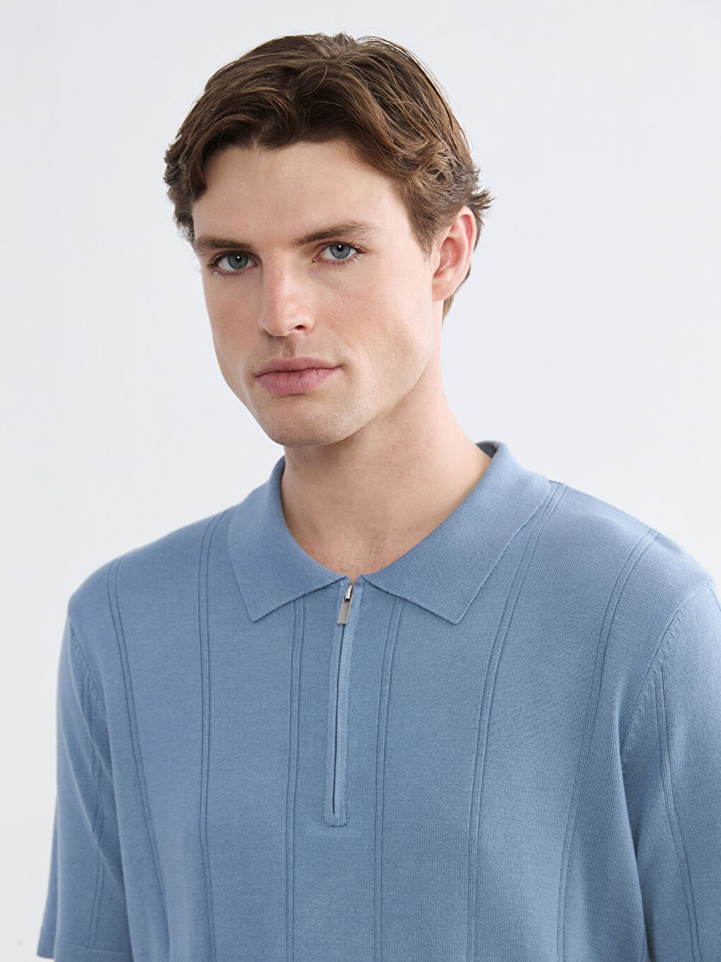 Мужской свитер с воротником поло и коротким рукавом-2