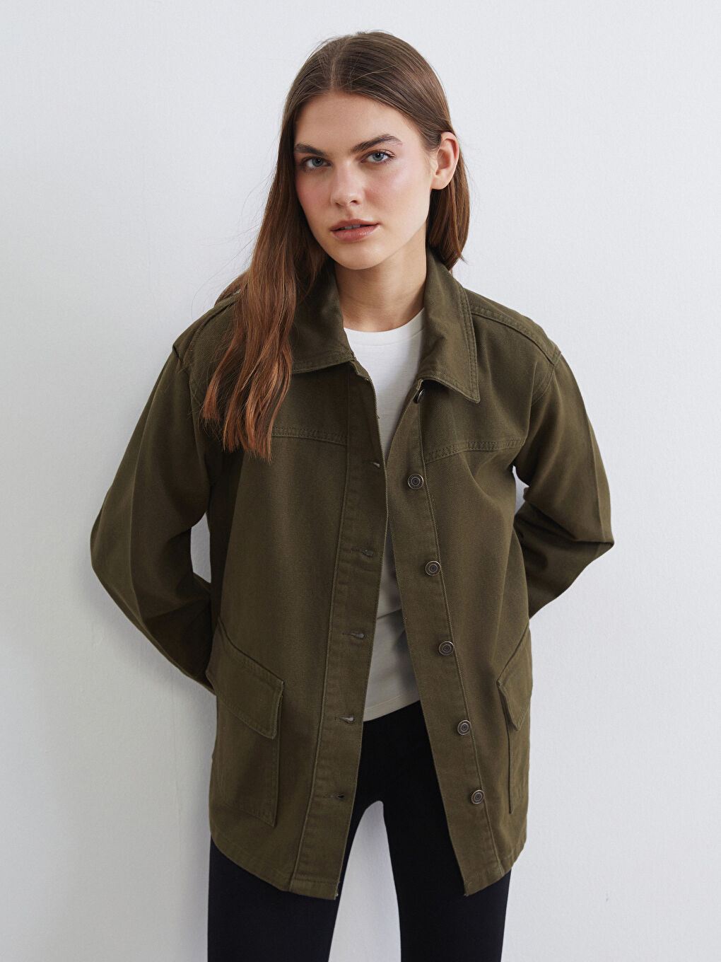 Haki Gömlek Yaka Kadın Ceket