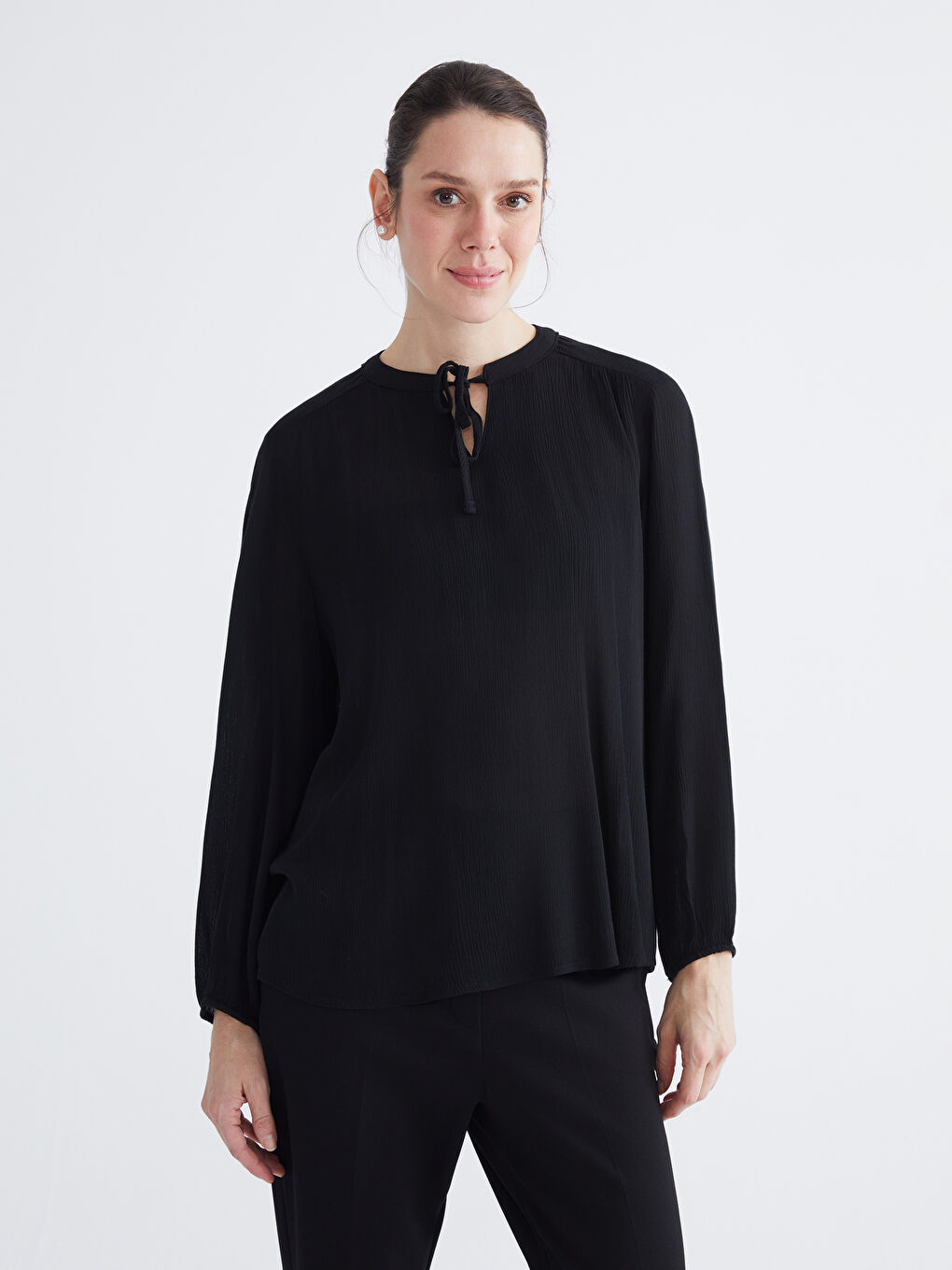 Textured Blouse with Tie Neck