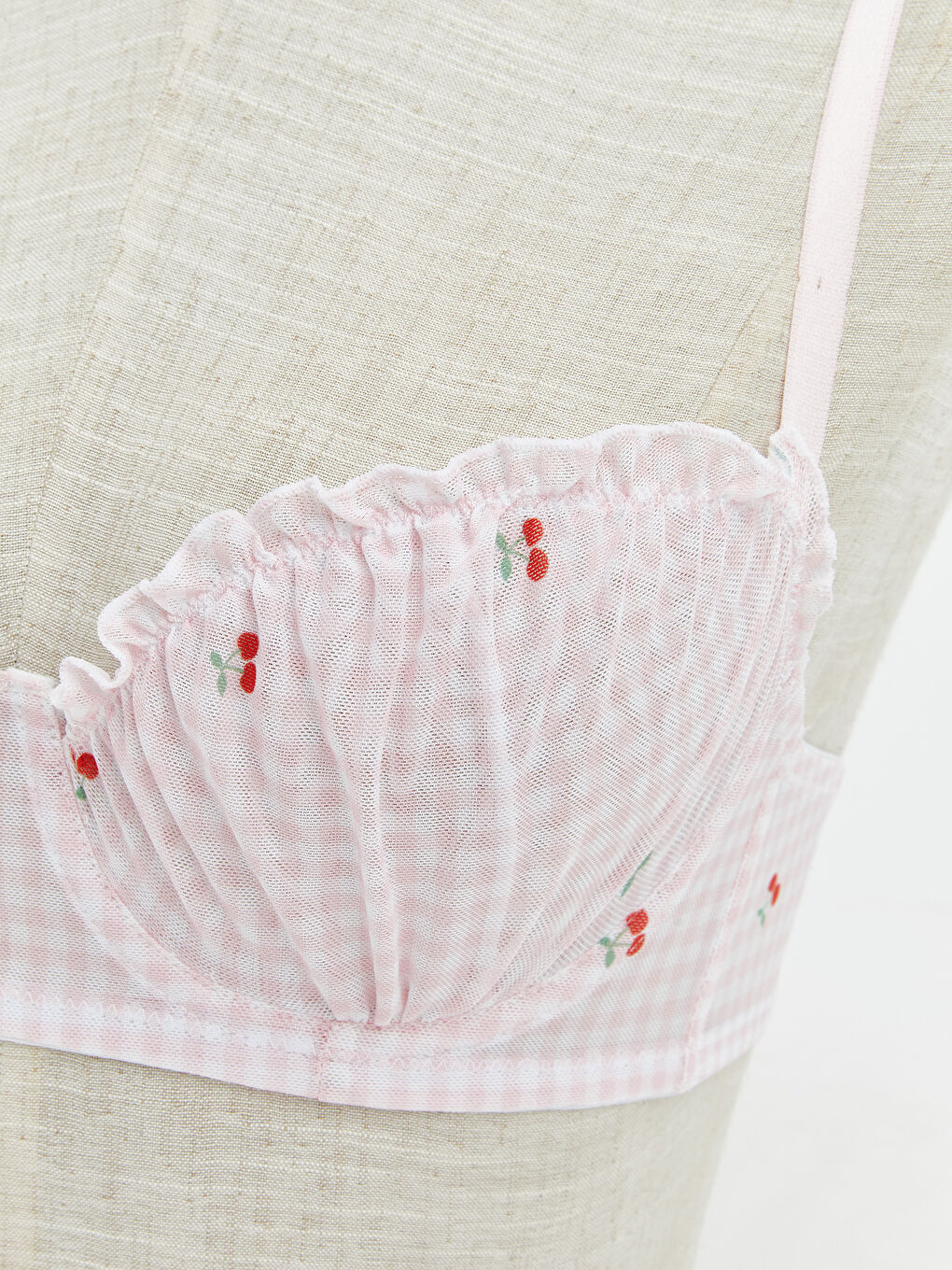 Pembe Balenli Dolgusuz Kiraz Nakışlı Damla Sütyen-2