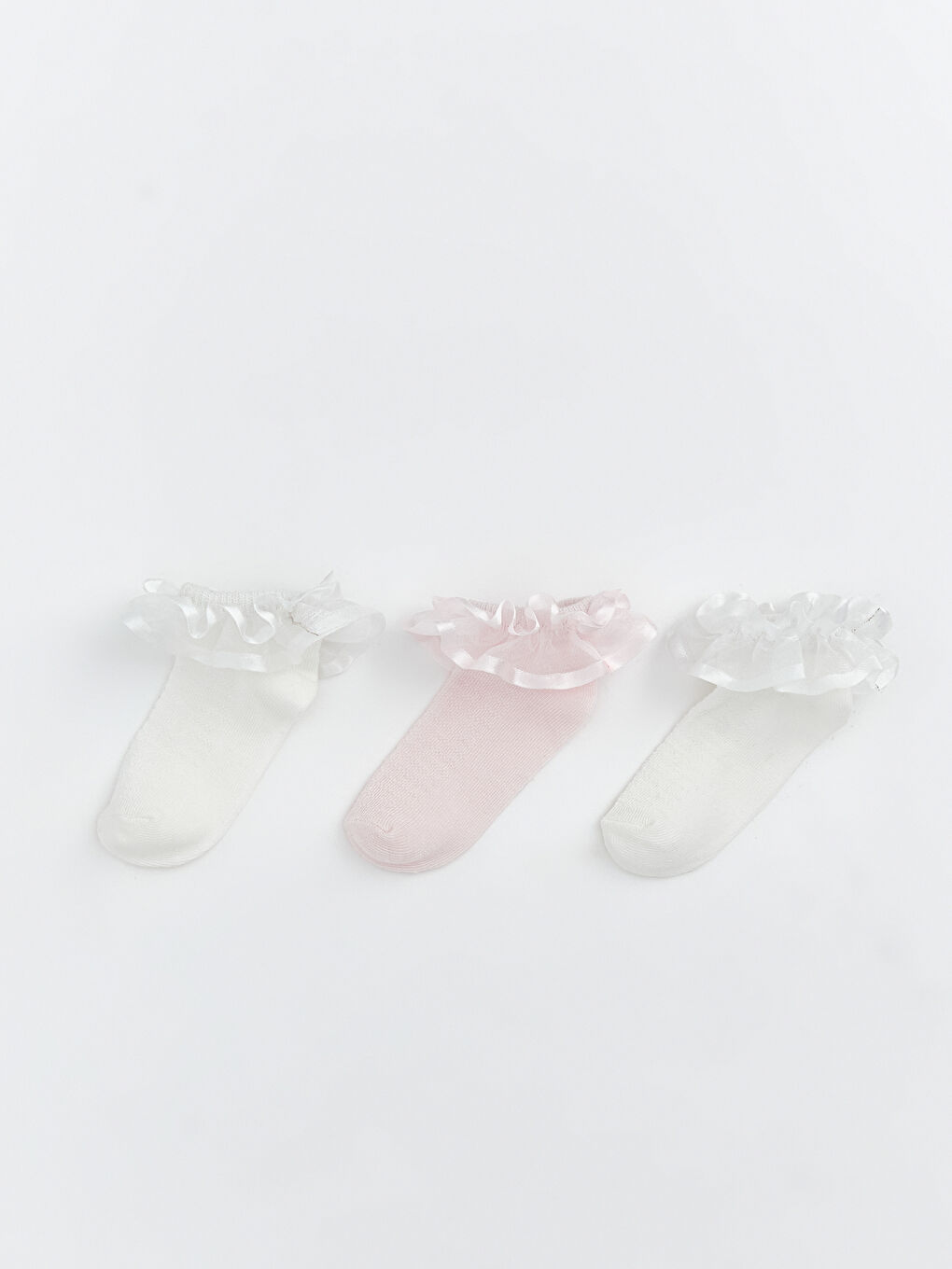 Ekru Kız Bebek Tül Detaylı Patik Çorap 3'lü