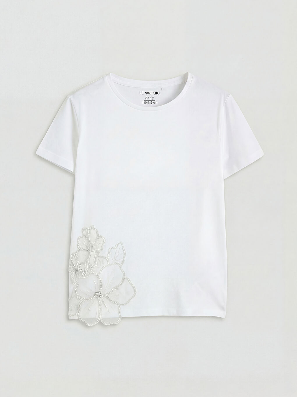 Beyaz Çiçek Detaylı Kız Çocuk Tişört