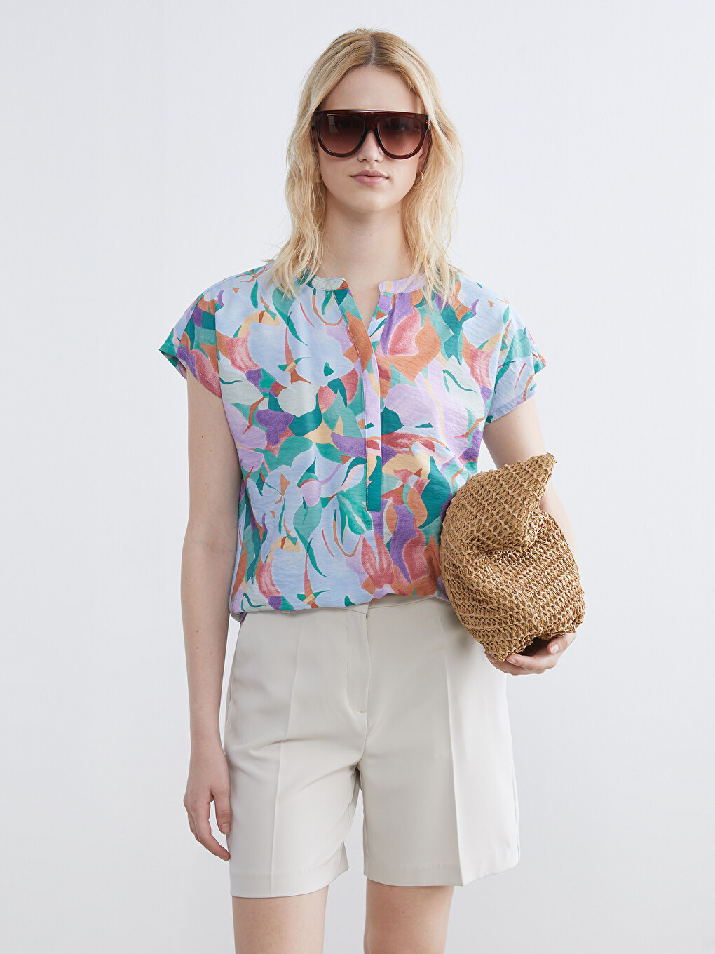 Notch Neck Patterned Blouse