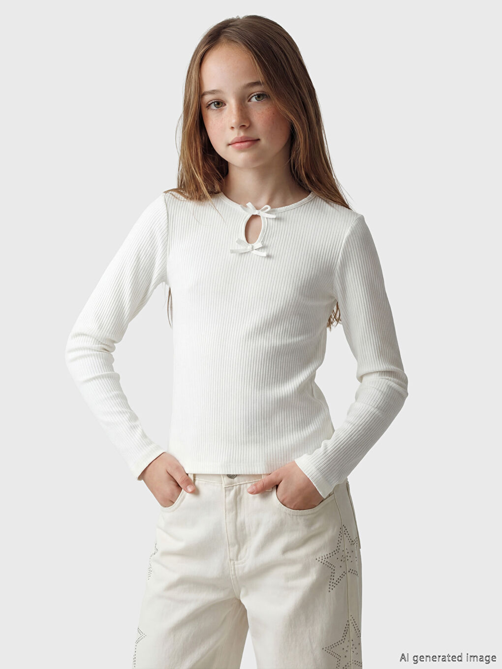 Ekru Fiyonk Detaylı Kız Çocuk Tişört