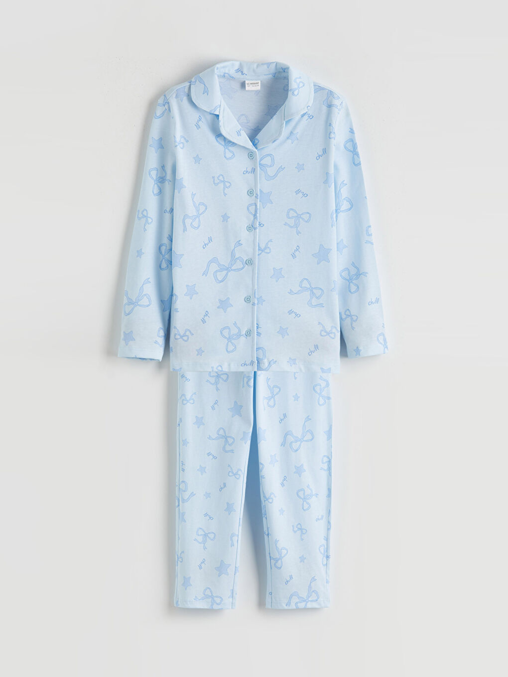 Mavi Gömlek Yaka Fiyonk Desenli Kız Çocuk Pijama Takımı