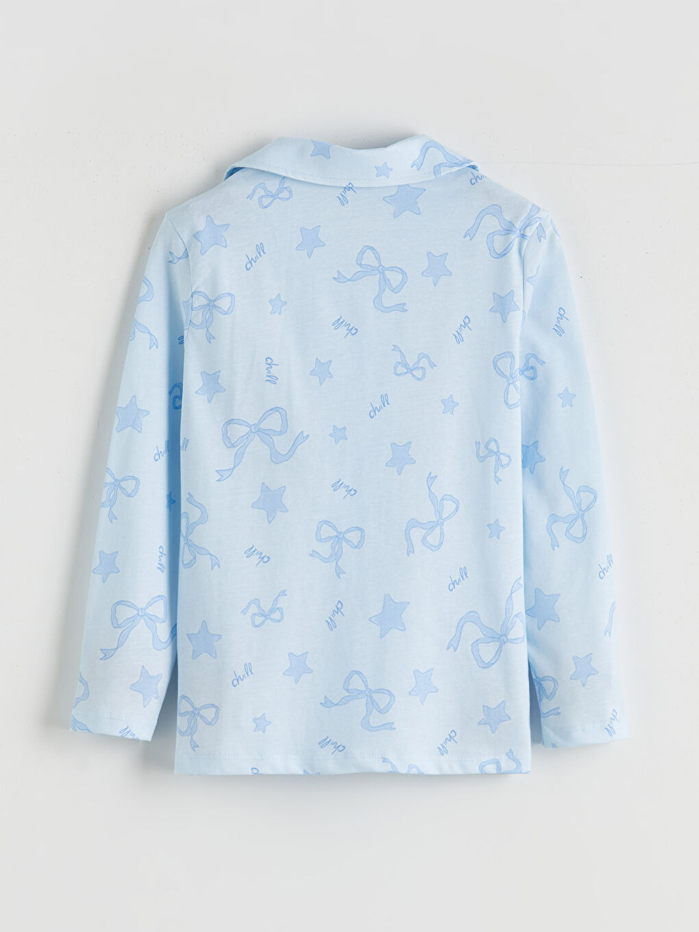 Mavi Gömlek Yaka Fiyonk Desenli Kız Çocuk Pijama Takımı-2