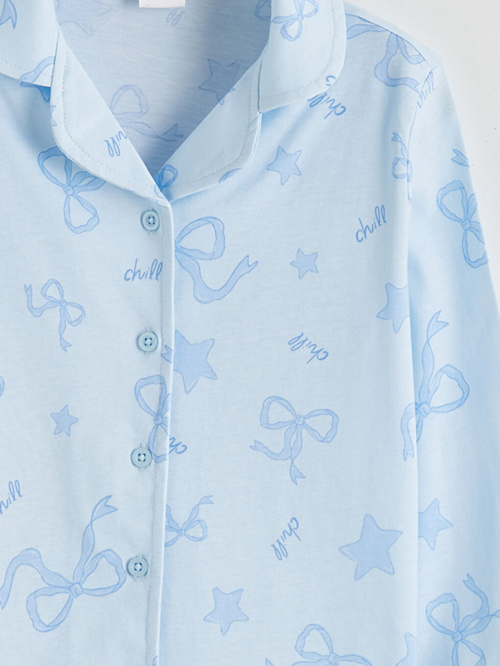 Mavi Gömlek Yaka Fiyonk Desenli Kız Çocuk Pijama Takımı-5