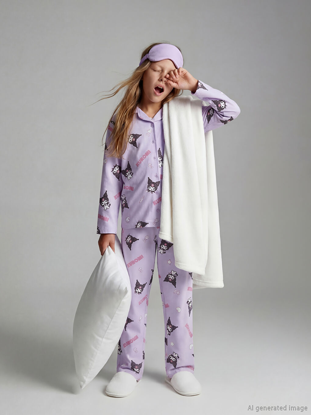 Set de pijama pentru fete cu cămașă cu guler și imprimeu Kuromi