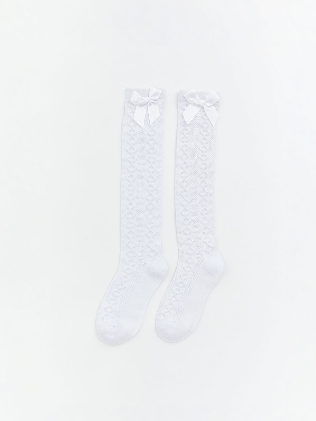 Beyaz Fiyonk Detaylı Kız Çocuk Diz Altı Çorap 2'li