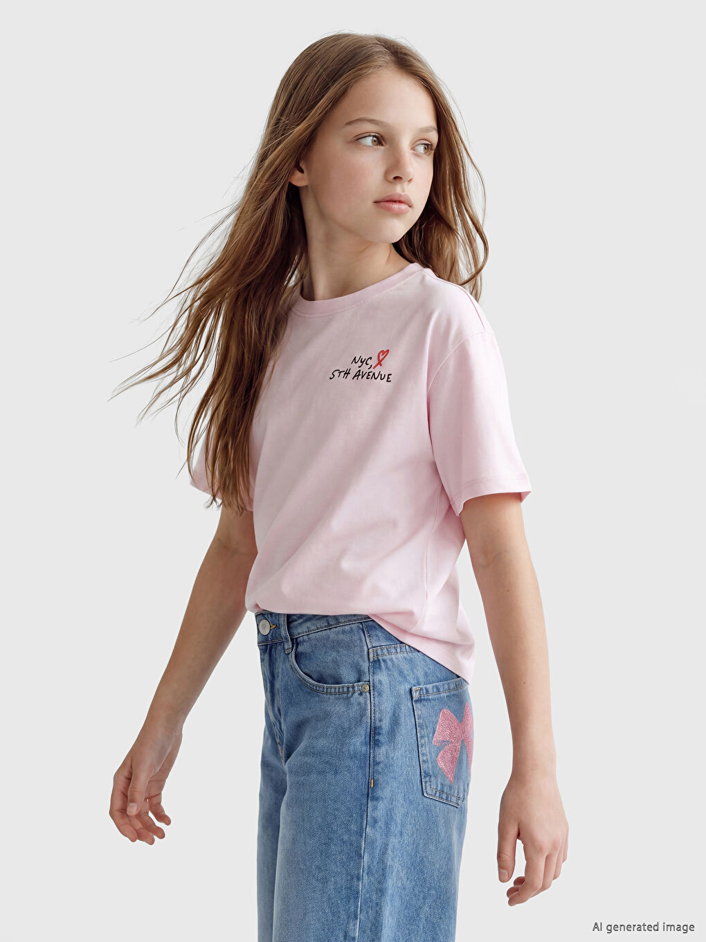 Pembe NYC Yazı Baskılı Kız Çocuk Tişört-1