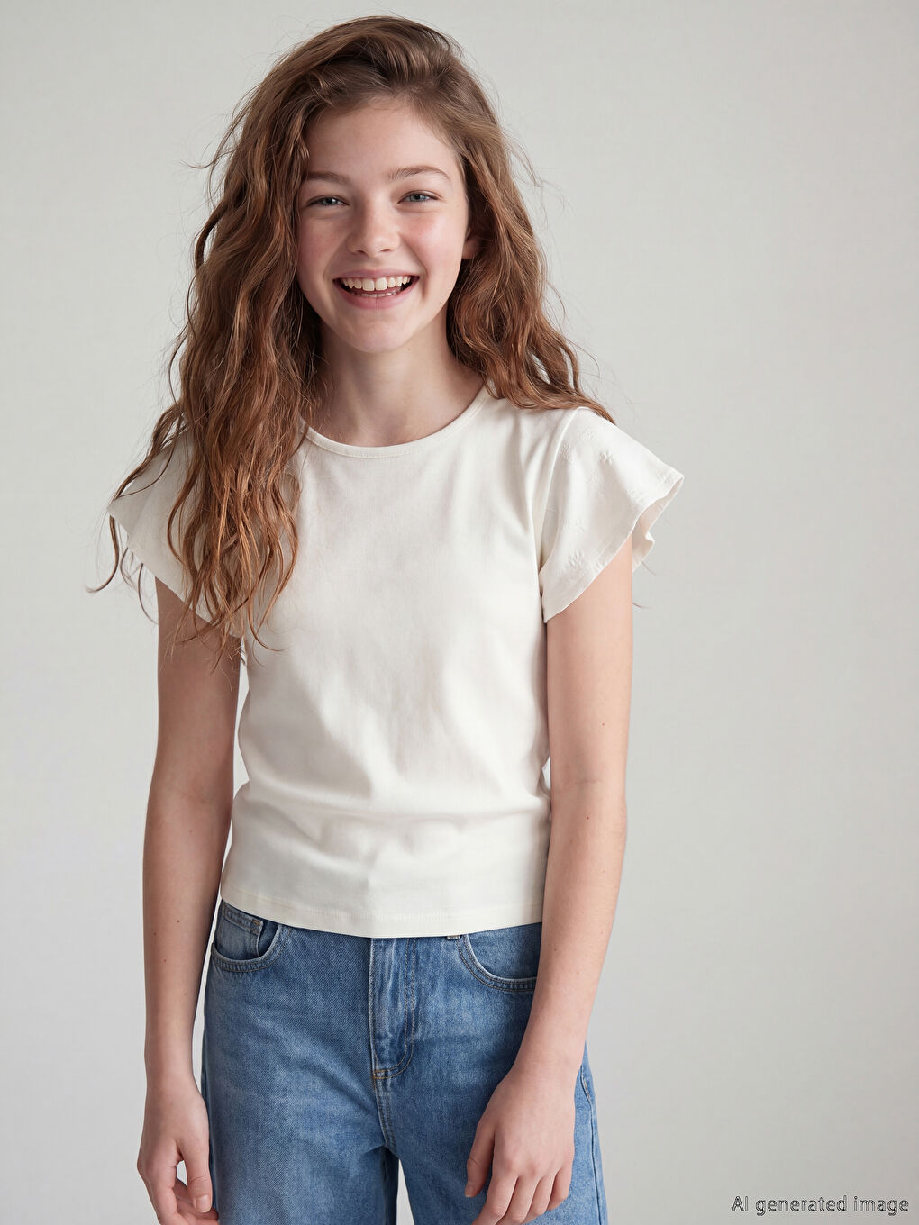 Crew Neck Frill Sleeve Girls' T-Shirt