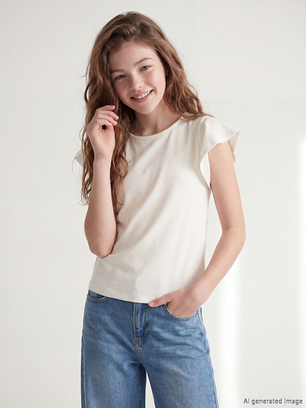 Μπλουζάκι για κορίτσια με στρογγυλή λαιμόκοψη και μανίκια με βολάν-1