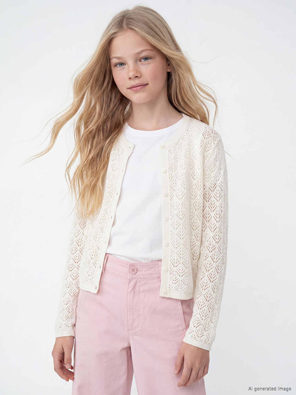 Crew Neck Openwork Girls' Knit Cardigan-1