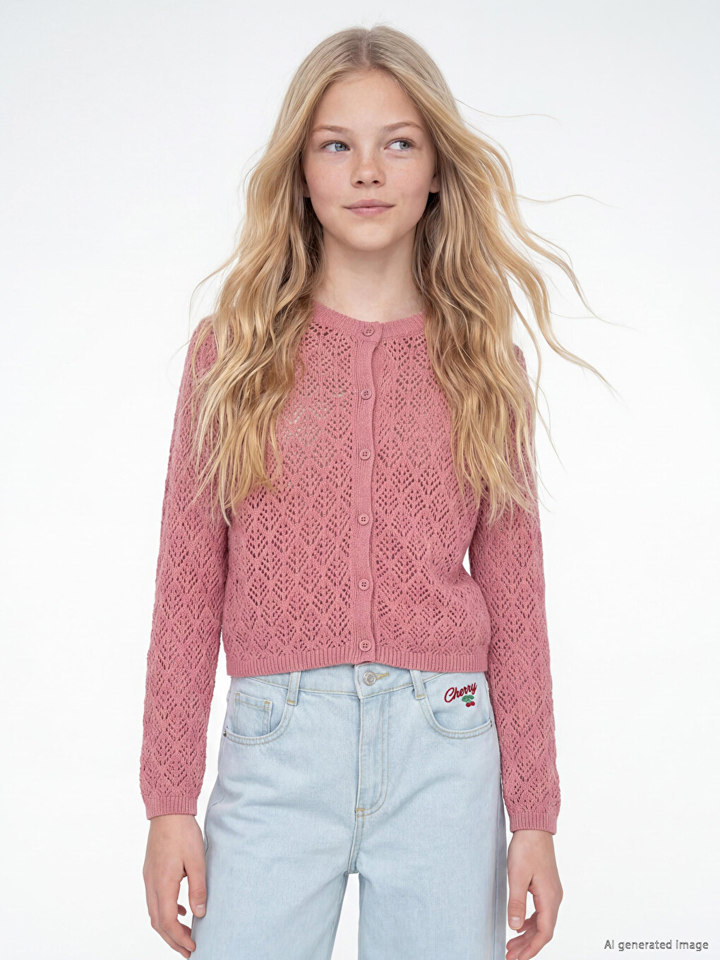 Crew Neck Hole-knitted Girls' Knitwear Cardigan