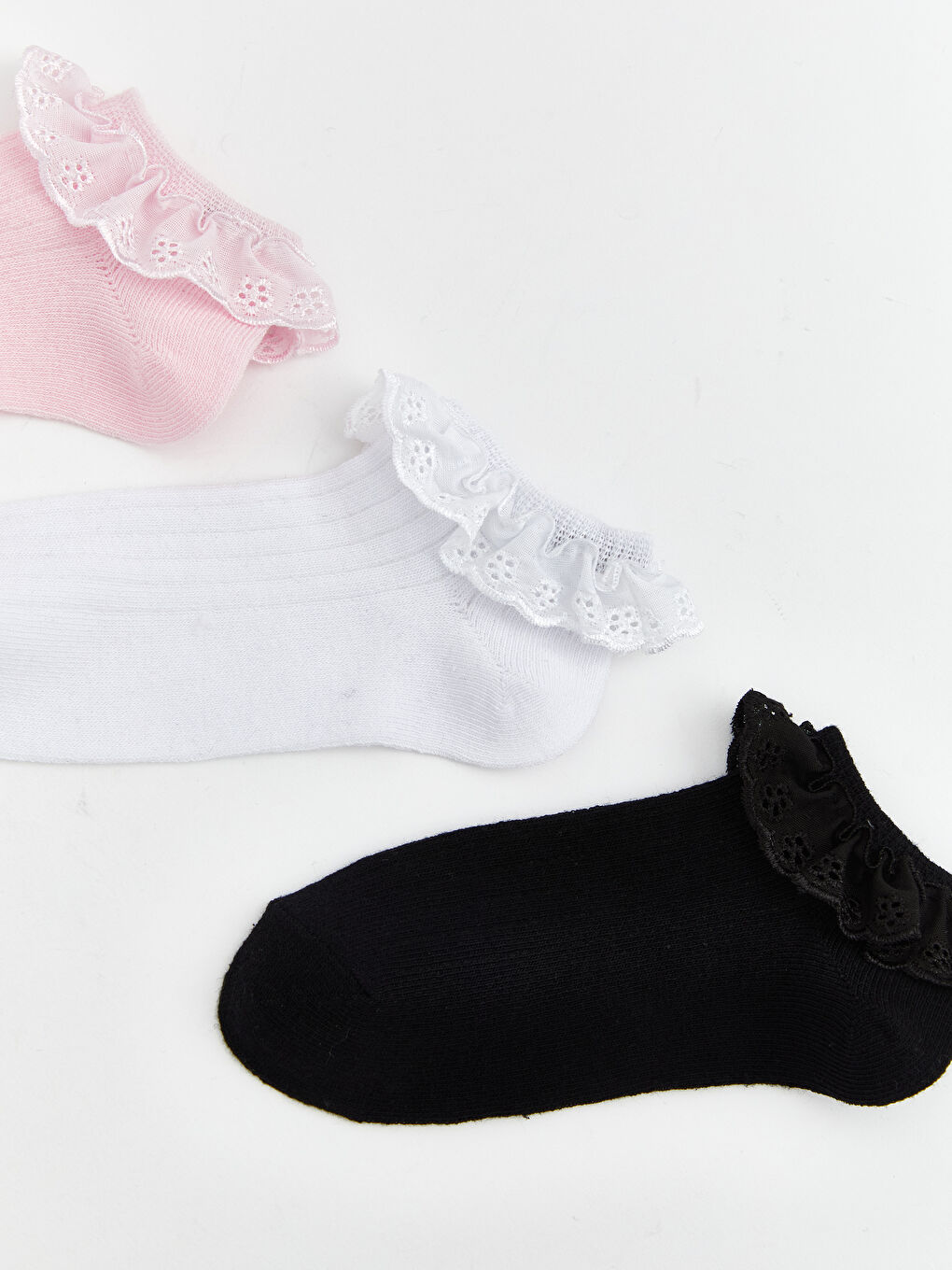 Pembe Dantel Detaylı Kız Çocuk Patik Çorap 3'lü-1