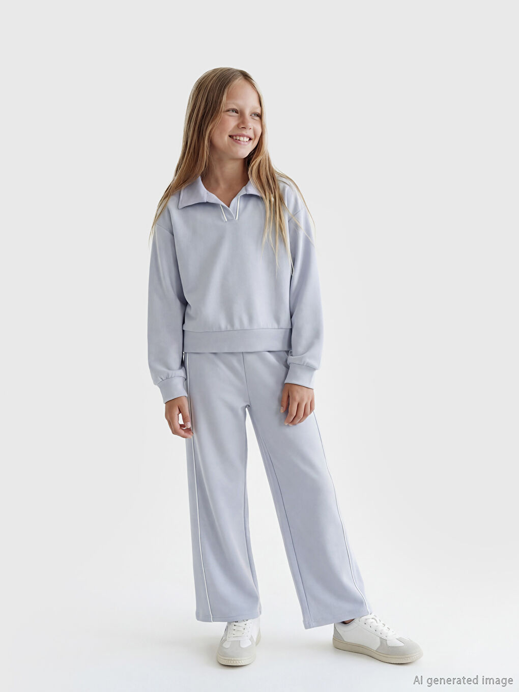 Lila Polo Yaka Kız Çocuk Soft Touch Sweatshirt ve Eşofman Altı