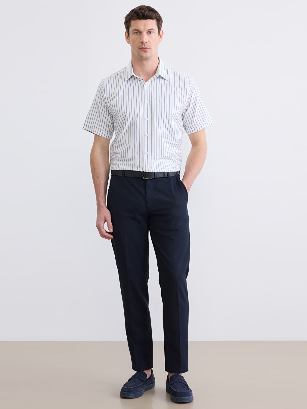 Beyaz Regular Fit Çizgili Erkek Gömlek	-1