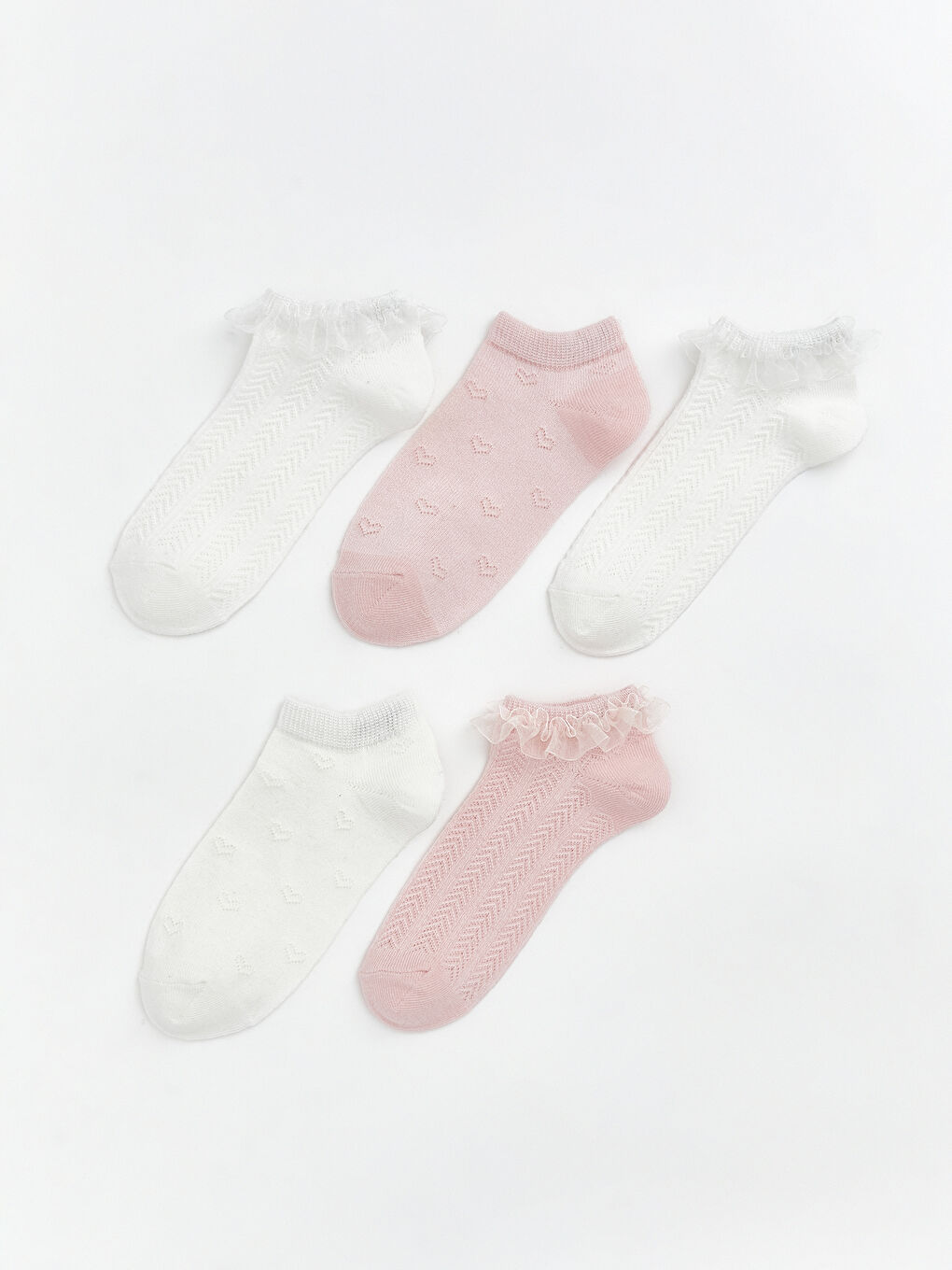 Ekru Dantel Detaylı Kız Çocuk Patik Çorap 5'li