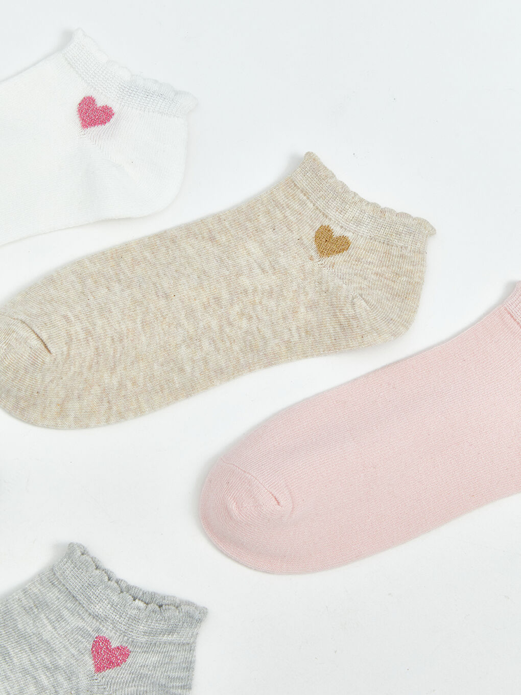 Ekru Kalp Desenli Kız Çocuk Patik Çorap 5'li-1