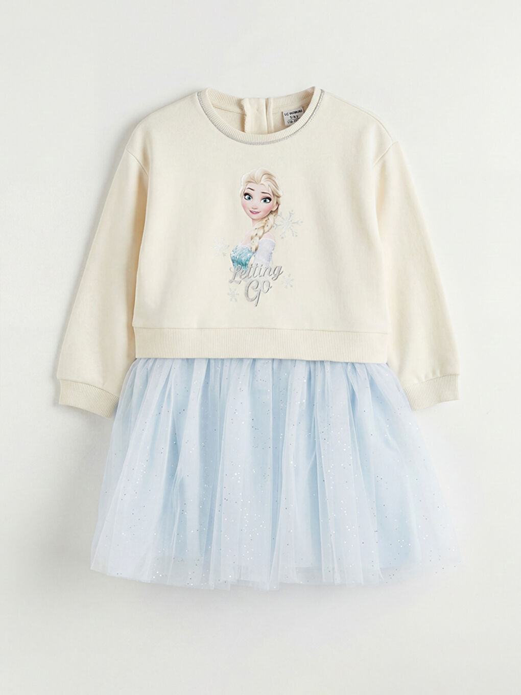 Ekru Frozen Baskılı Tül Etekli Kız Çocuk Elbise