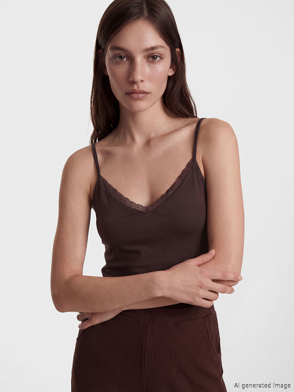 Kahverengi V Yaka Dantel Detaylı İp Askılı Kadın Atlet	