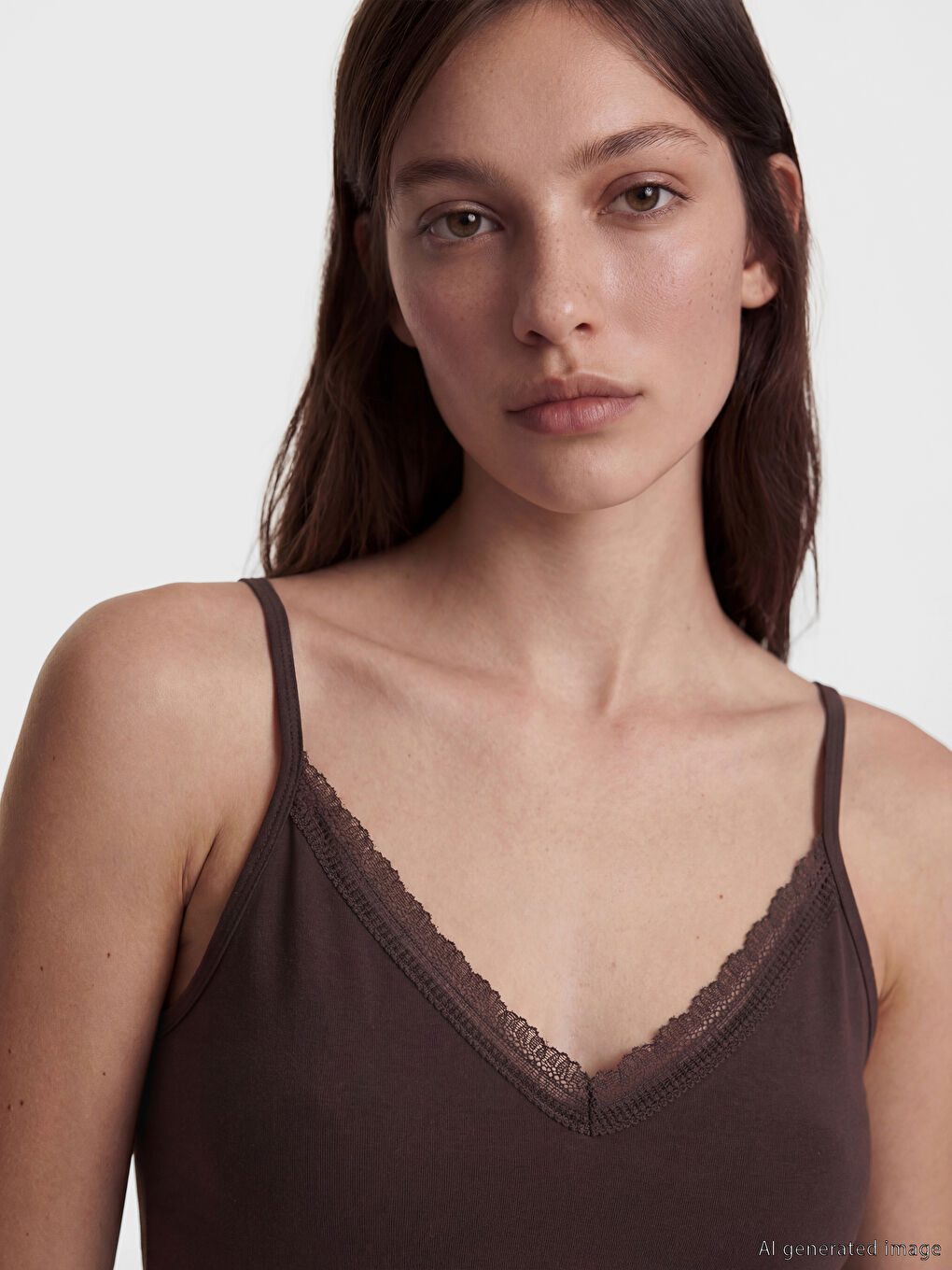 Kahverengi V Yaka Dantel Detaylı İp Askılı Kadın Atlet	-2