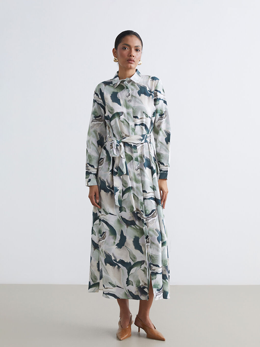 Patterned Women's Shirt Dress with Sash-1