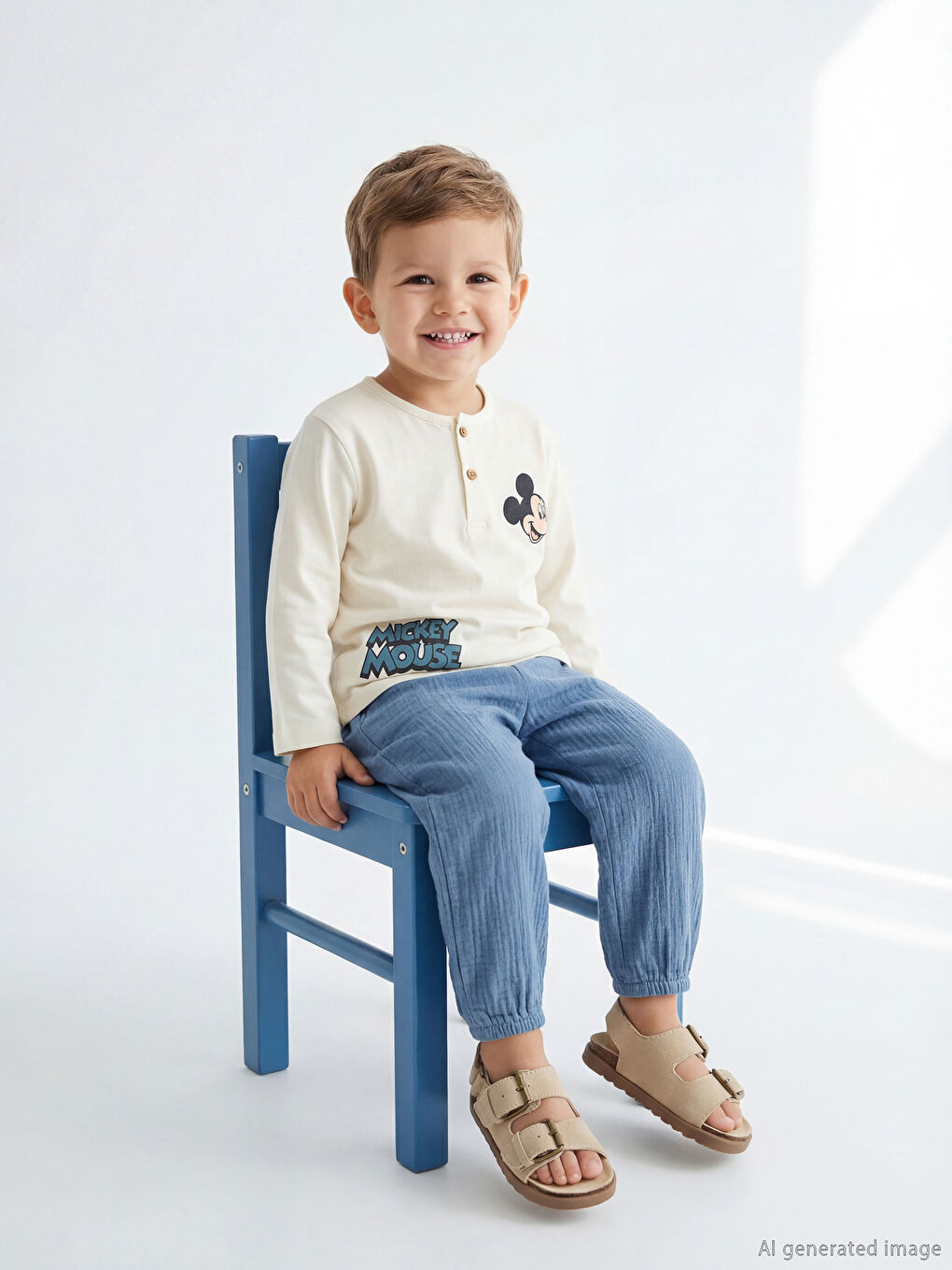 Ekru Mickey Mouse Baskılı Erkek Bebek Tişört ve Eşofman Altı